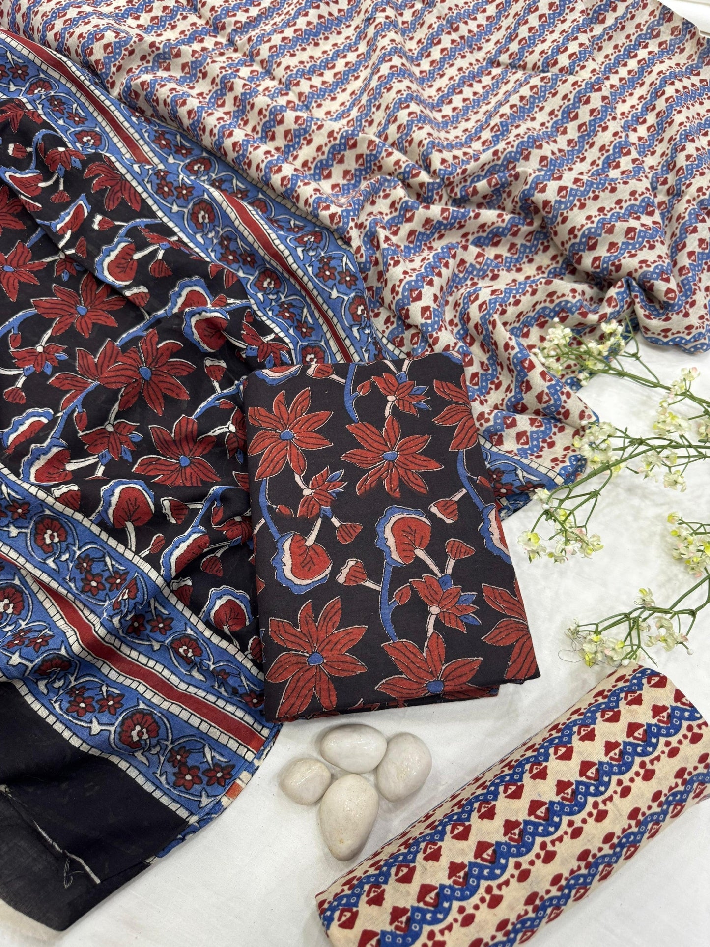 Wholesale Black Maroon Floral Cotton Mul Dress Material – Handmade in Rajasthan for Designers, Boutiques, and Bulk Orders