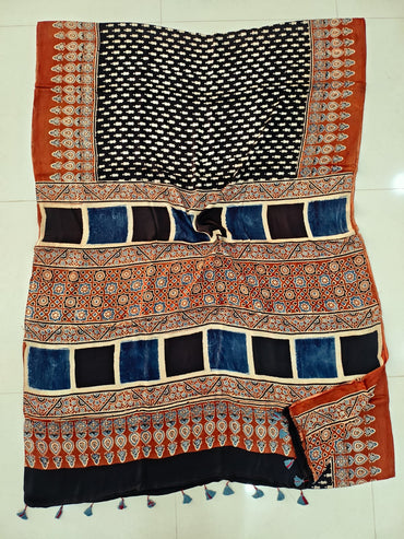 Black and Maroon Striped Ajrakh Handblock Printed Saree in Modal Silk – Authentic Kutch Craftsmanship for Retailers and Boutiques