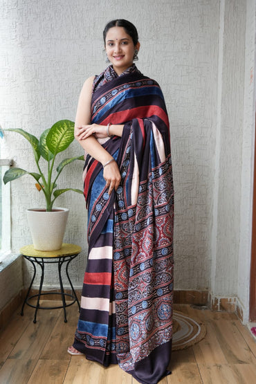 Black and Maroon Striped Ajrakh Handblock Printed Saree in Modal Silk – Authentic Kutch Craftsmanship for Retailers and Boutiques