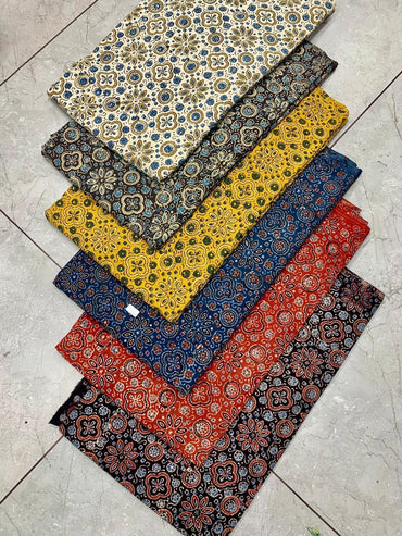 Ajrakh pure cotton handblock printed fabric in black base with multicolour mixed patterns