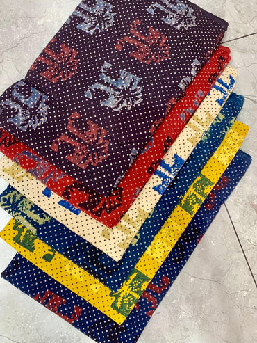 Ajrakh pure cotton handblock printed fabric in black base with multicolour mixed patterns