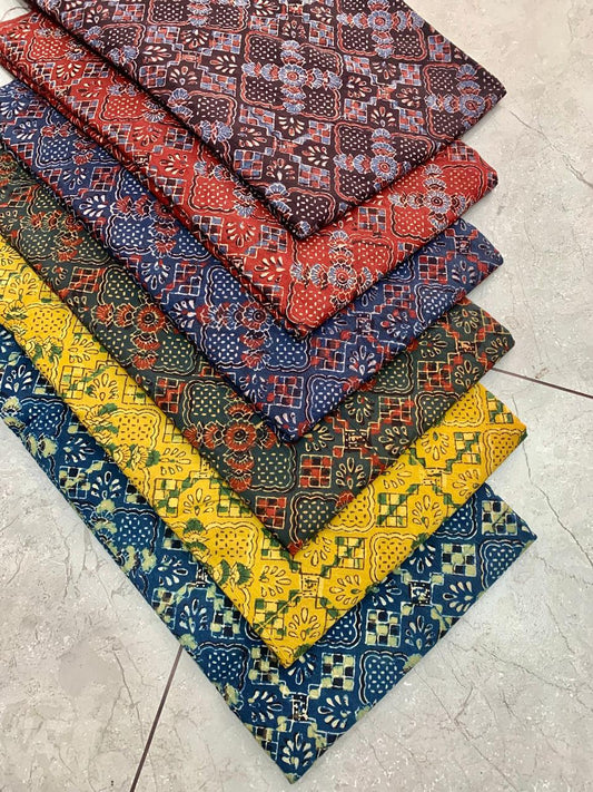 Ajrakh pure cotton handblock printed fabric with traditional butta motifs in artisan style
