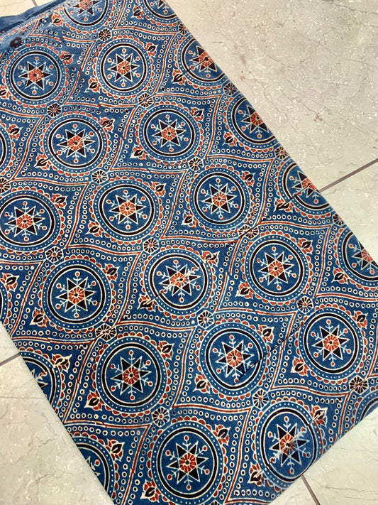 Indigo Ajrakh handblock printed pure cotton fabric wholesale — traditional natural-dyed motifs crafted by Kutch artisans.