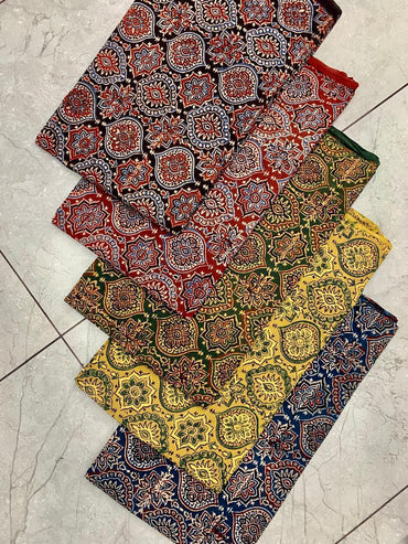 Artisan-crafted Ajrakh cotton fabric wholesale showcasing classic manufacturing-style geometric print by Fabtexs.