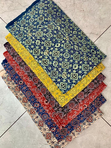 Artisan-crafted Ajrakh cotton fabric wholesale showcasing classic manufacturing-style geometric print by Fabtexs.