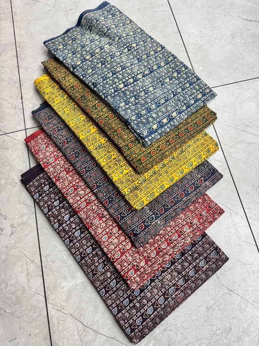 Multi-stripes Ajrakh handblock printed pure cotton fabric wholesale – artisan-made traditional design by Fabtexs.