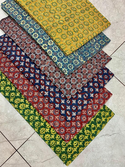 Mustard Ajrakh handblock printed pure cotton fabric wholesale—traditional motifs with natural dye detailing by Fabtexs.