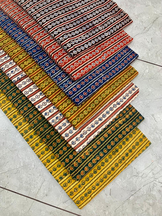 Ajrakh pure cotton handblock printed fabric with traditional striped pattern in natural colours