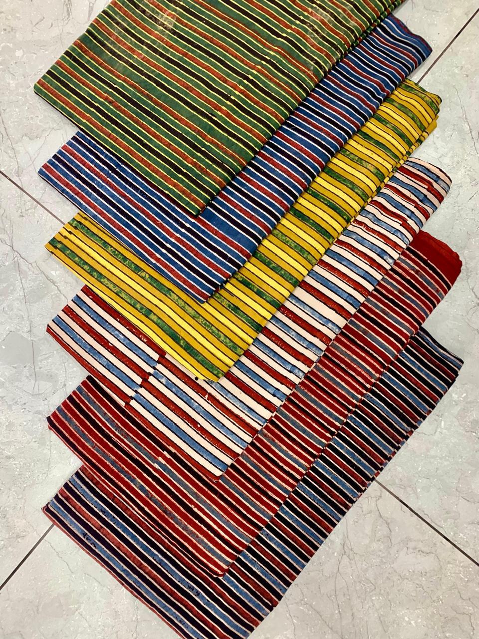 Multicolor stripes Ajrakh handblock printed pure cotton fabric – wholesale artisan textile crafted in Kutch by Fabtexs