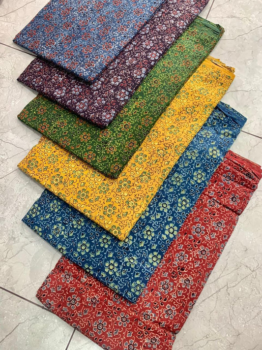 Ajrakh pure cotton handblock printed fabric in vibrant colours with traditional artisan motifs