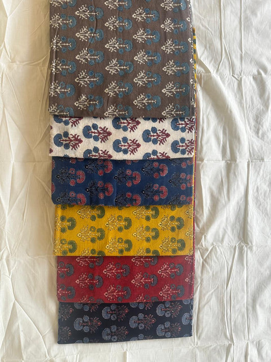 Ajrakh handblock cotton mul mul dress material 6-color set – wholesale boutique fabrics Fabtexs