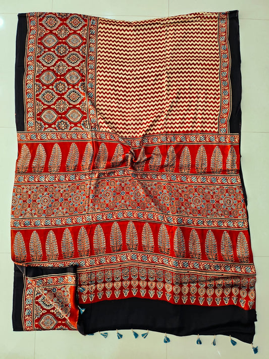 Red and Black Striped Ajrakh Handblock Printed Saree – Modal Silk Kutch Artisan Craft Wholesale