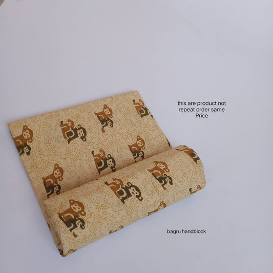 Cream monkey animal print Bagru handblock cotton fabric artisan crafted