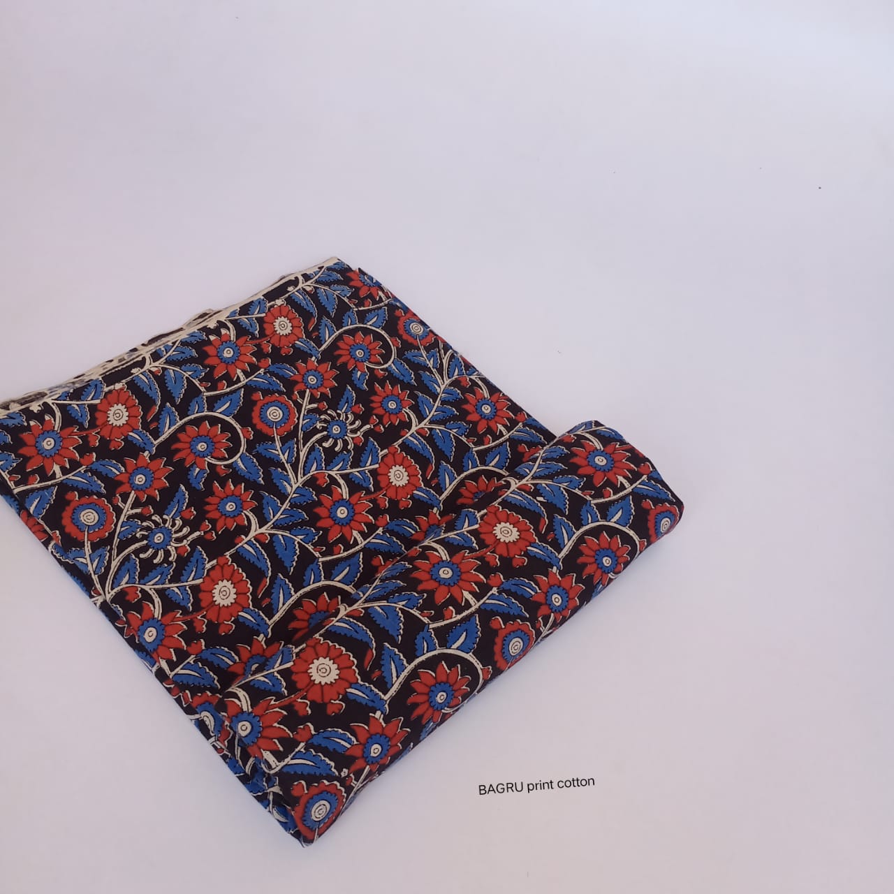 Black and blue floral jaal Bagru handblock cotton fabric traditional print
