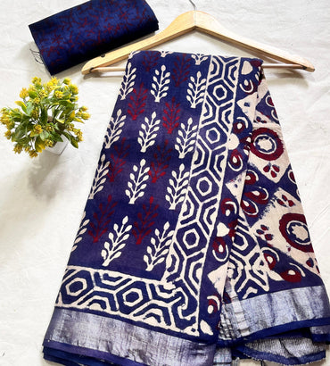 Blue Maroon Floral Buta Saree – Premium handblock cotton linen saree wholesale for boutiques and retailers