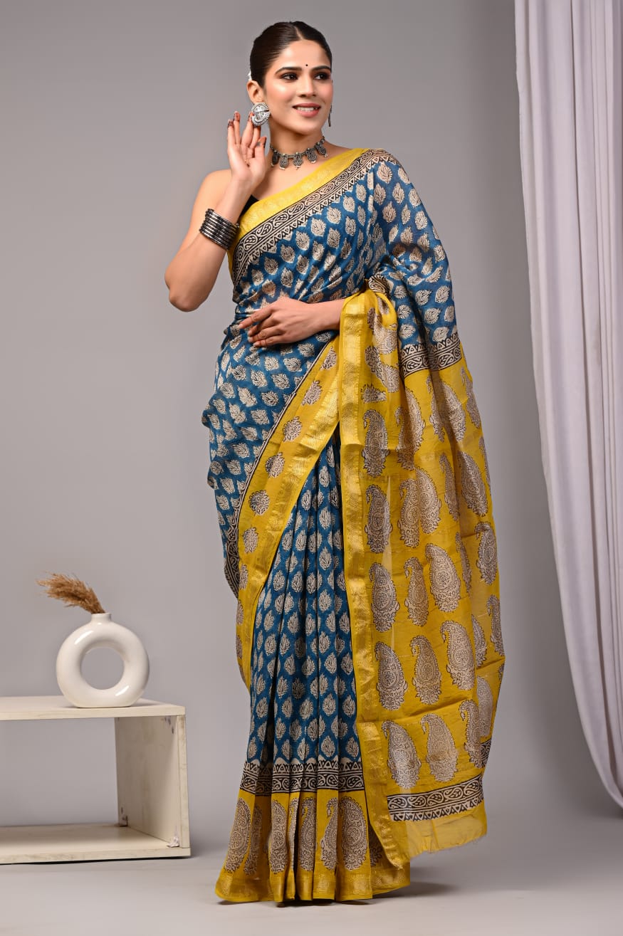Blue Maheshwari Silk Handblock Printed Saree with Small Booty – Wholesale Lightweight Silk Saree