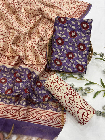 Wholesale Chanderi Silk Handblock Printed Dress Material – Purple Jaal Design, Artisan-Crafted in Rajasthan for Designers, Boutiques, and Bulk Orders