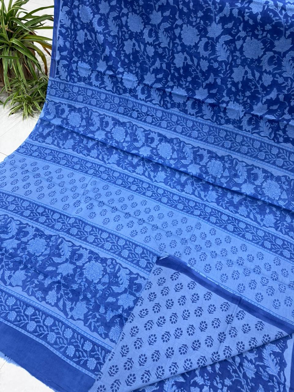 Blue Bagru hand block printed cotton saree, pure cotton wholesale by Fabtexs