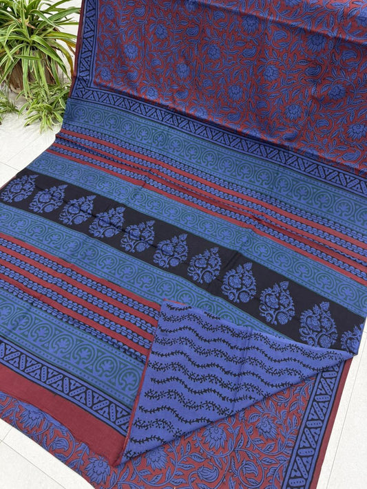 Blue and maroon Bagru cotton saree hand block printed, wholesale by Fabtexs
