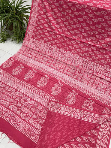 Bagru hand block printed cotton saree in dusty pink, wholesale pure cotton by Fabtexs
