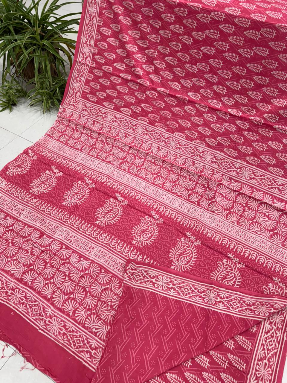 Bagru hand block printed cotton saree in dusty pink, wholesale pure cotton by Fabtexs