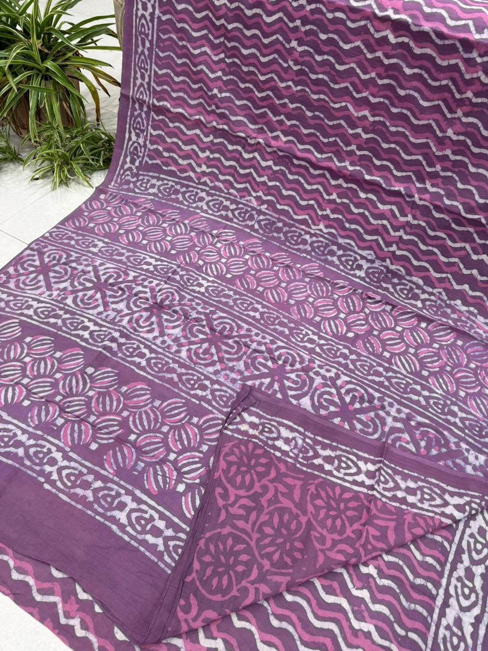 Dusty purple Bagru cotton saree hand block printed, wholesale by Fabtexs