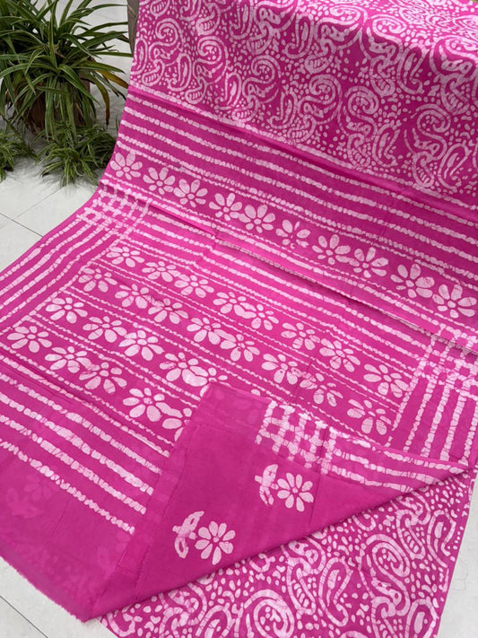 Bagru cotton saree in fuchsia pink hand block print, pure cotton wholesale fabric by Fabtexs