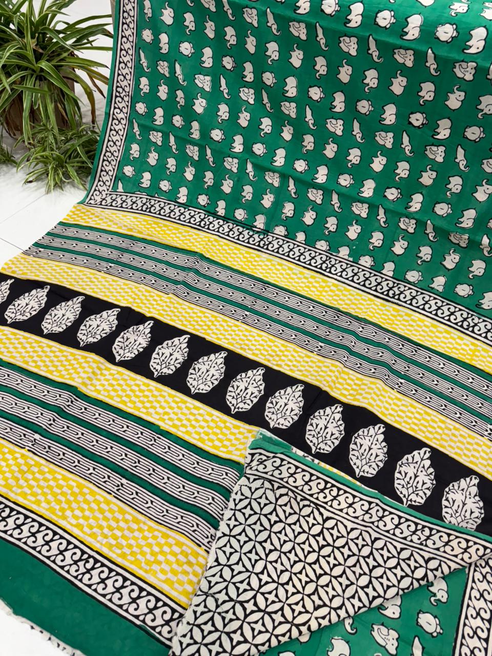 Green and yellow Bagru cotton saree with hand block print, wholesale by Fabtexs