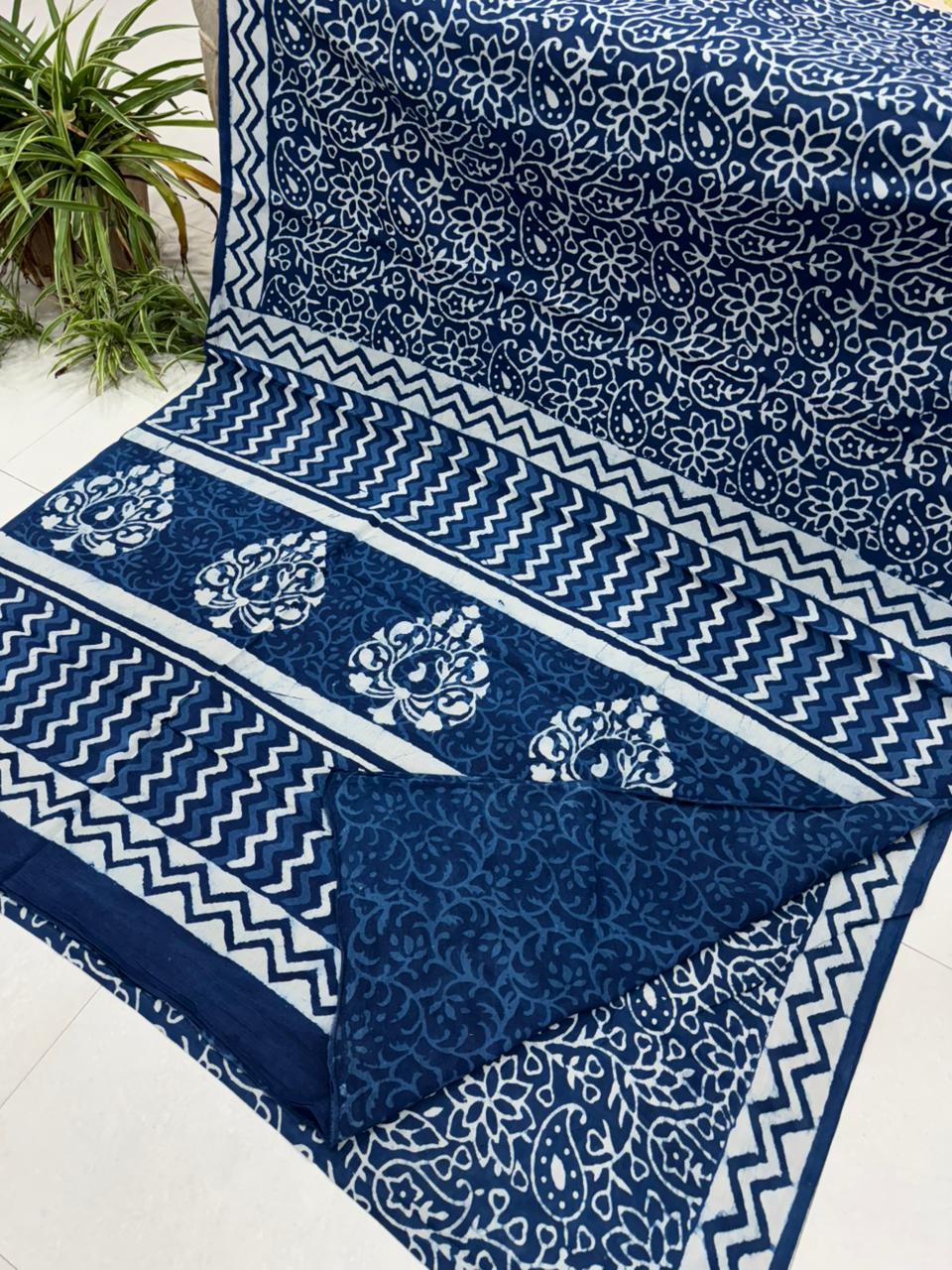 Indigo blue Bagru hand block printed cotton saree, wholesale by Fabtexs