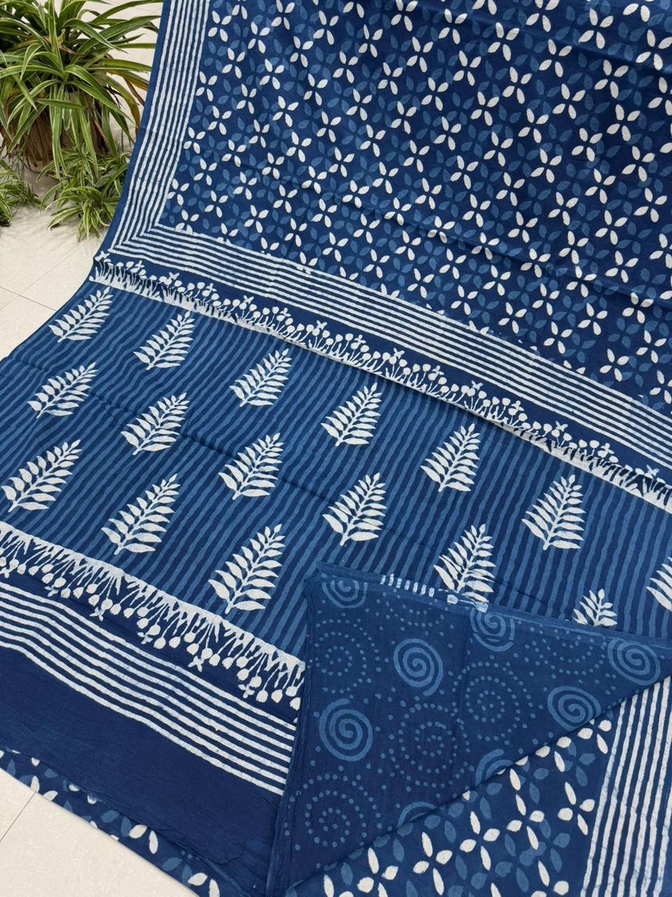 Indigo Bagru hand block printed cotton saree, pure cotton wholesale by Fabtexs