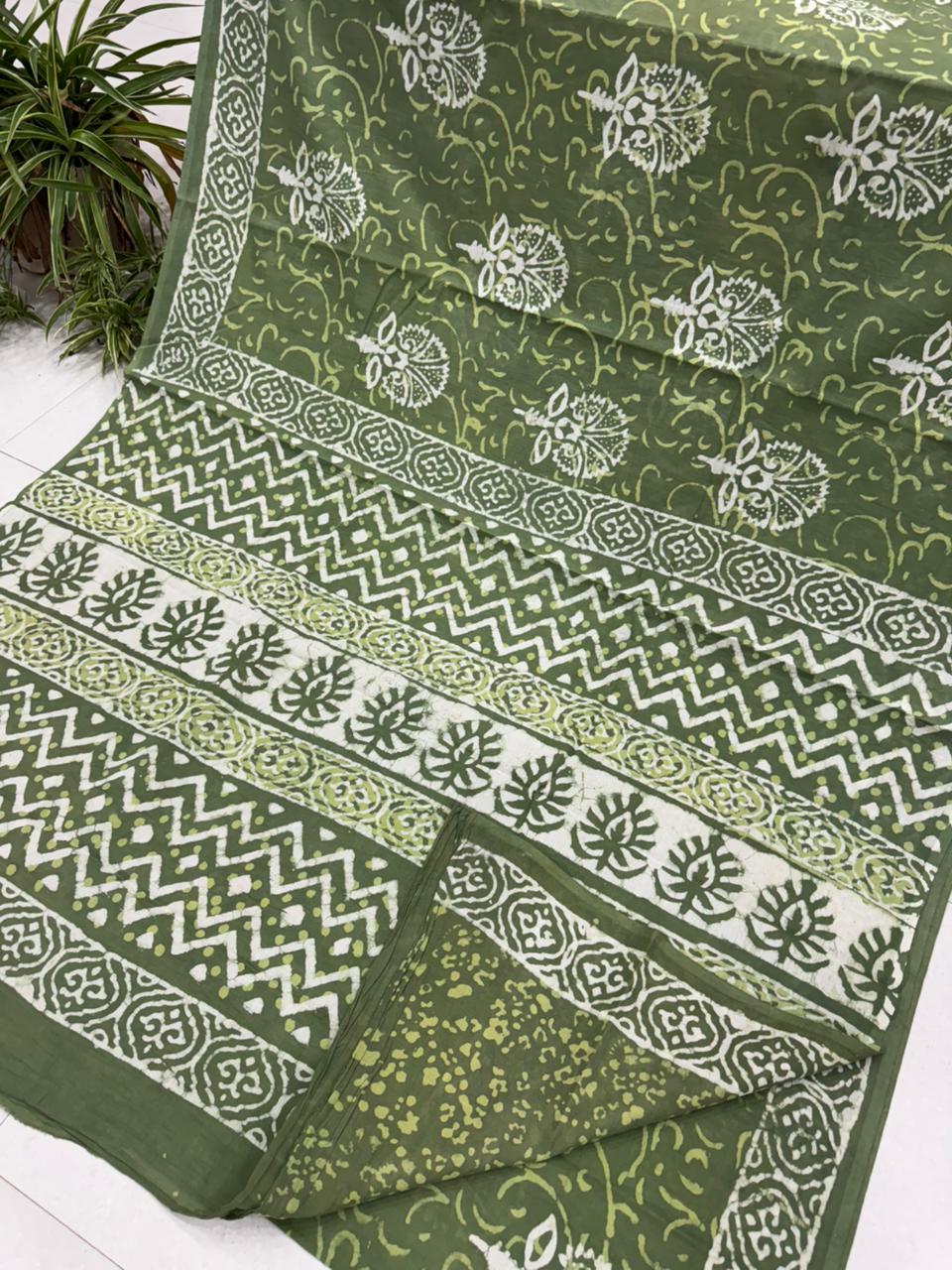 Leaf green Bagru cotton saree with hand block print, wholesale by Fabtexs