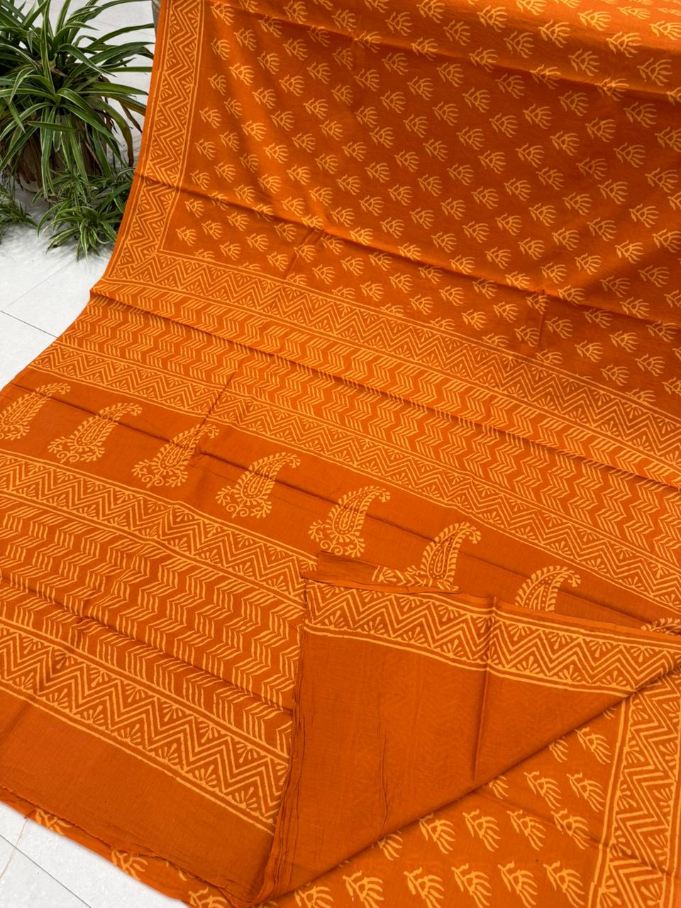 Mango yellow Bagru cotton saree hand block printed, wholesale fabric by Fabtexs