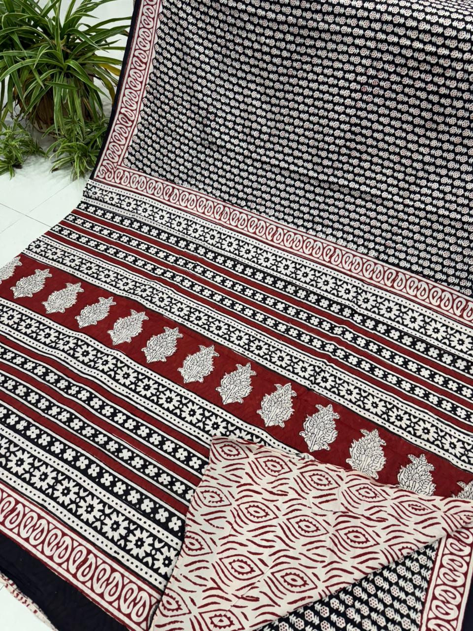 Maroon black cream Bagru cotton saree hand block printed, wholesale by Fabtexs