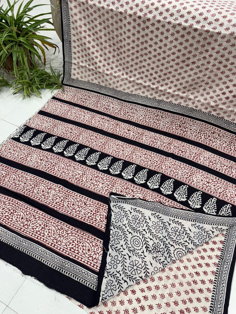 Maroon cream black Bagru hand block printed cotton saree, wholesale by Fabtexs