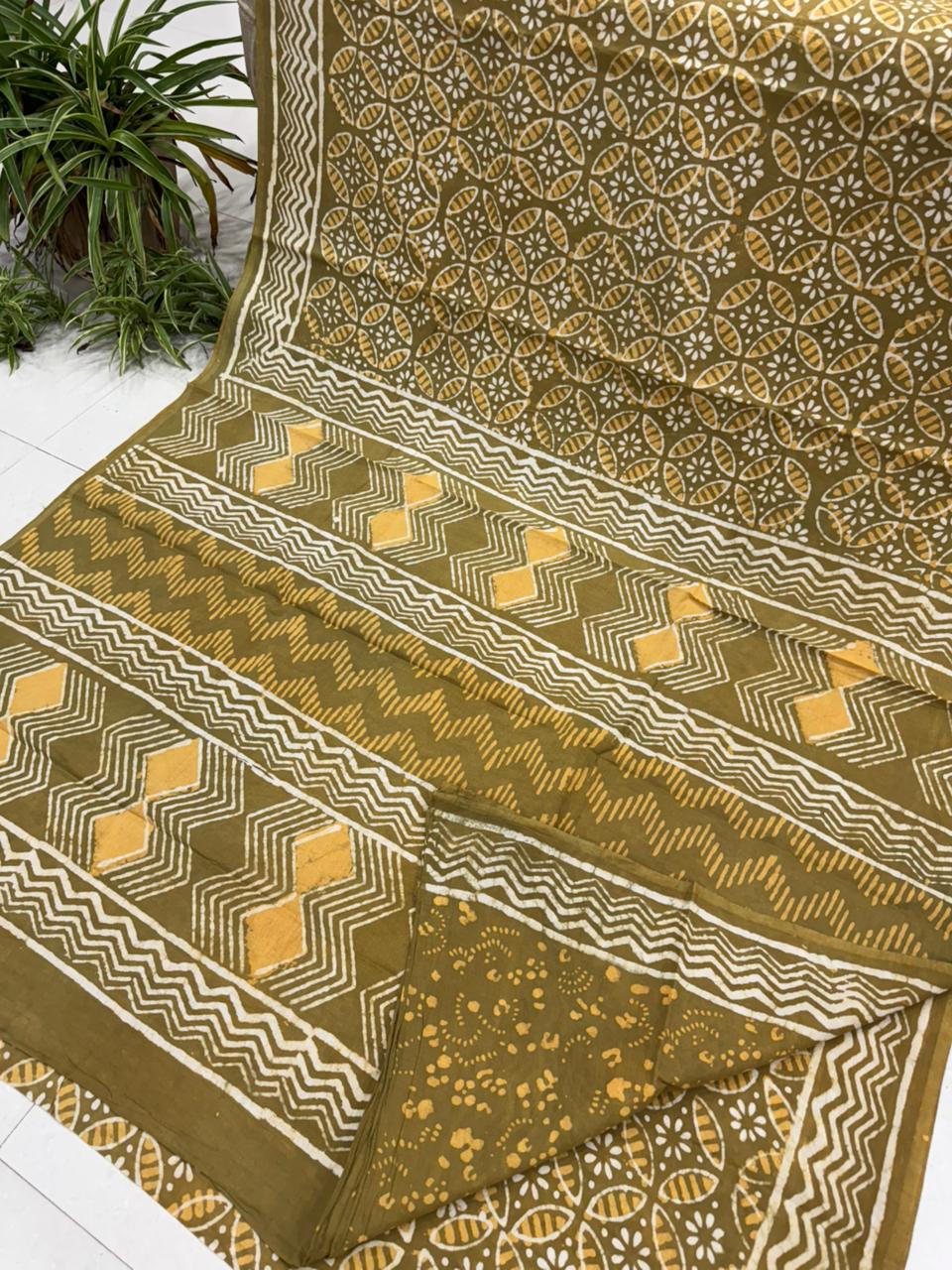 Mehendi green Bagru hand block printed cotton saree, wholesale by Fabtexs