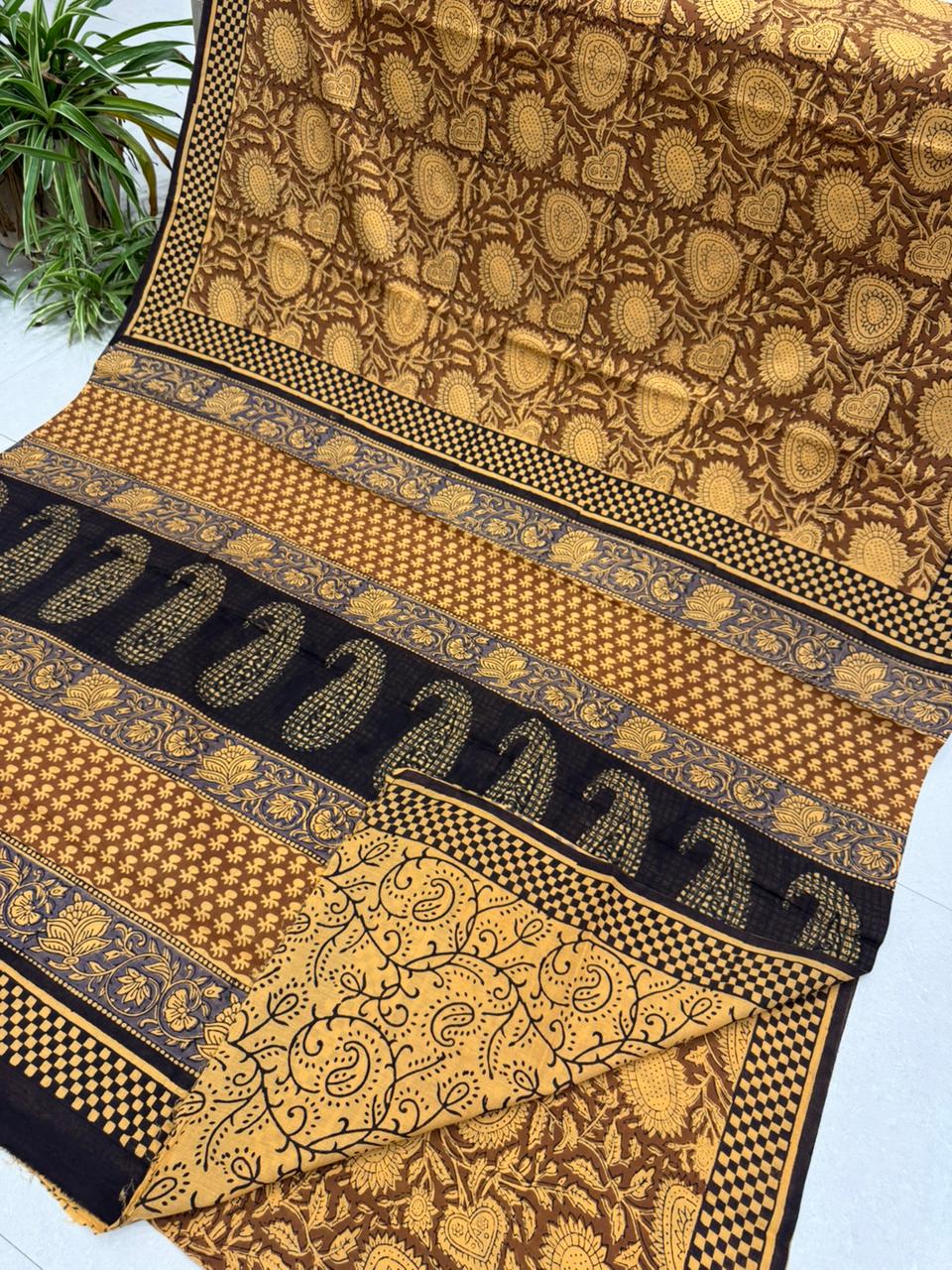 Mustard and black Bagru cotton saree hand block printed, wholesale by Fabtexs