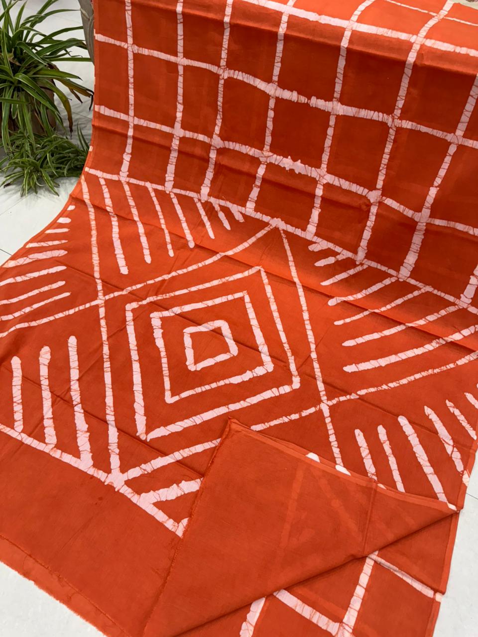 Orange Bagru hand block printed cotton saree, wholesale fabric by Fabtexs