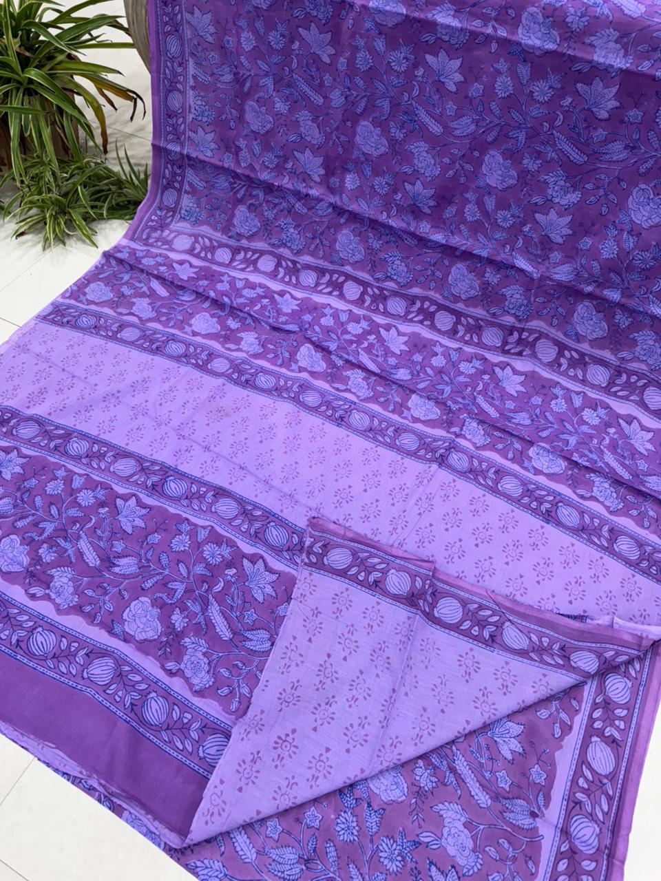 Purple Bagru hand block printed cotton saree, pure cotton wholesale by Fabtexs