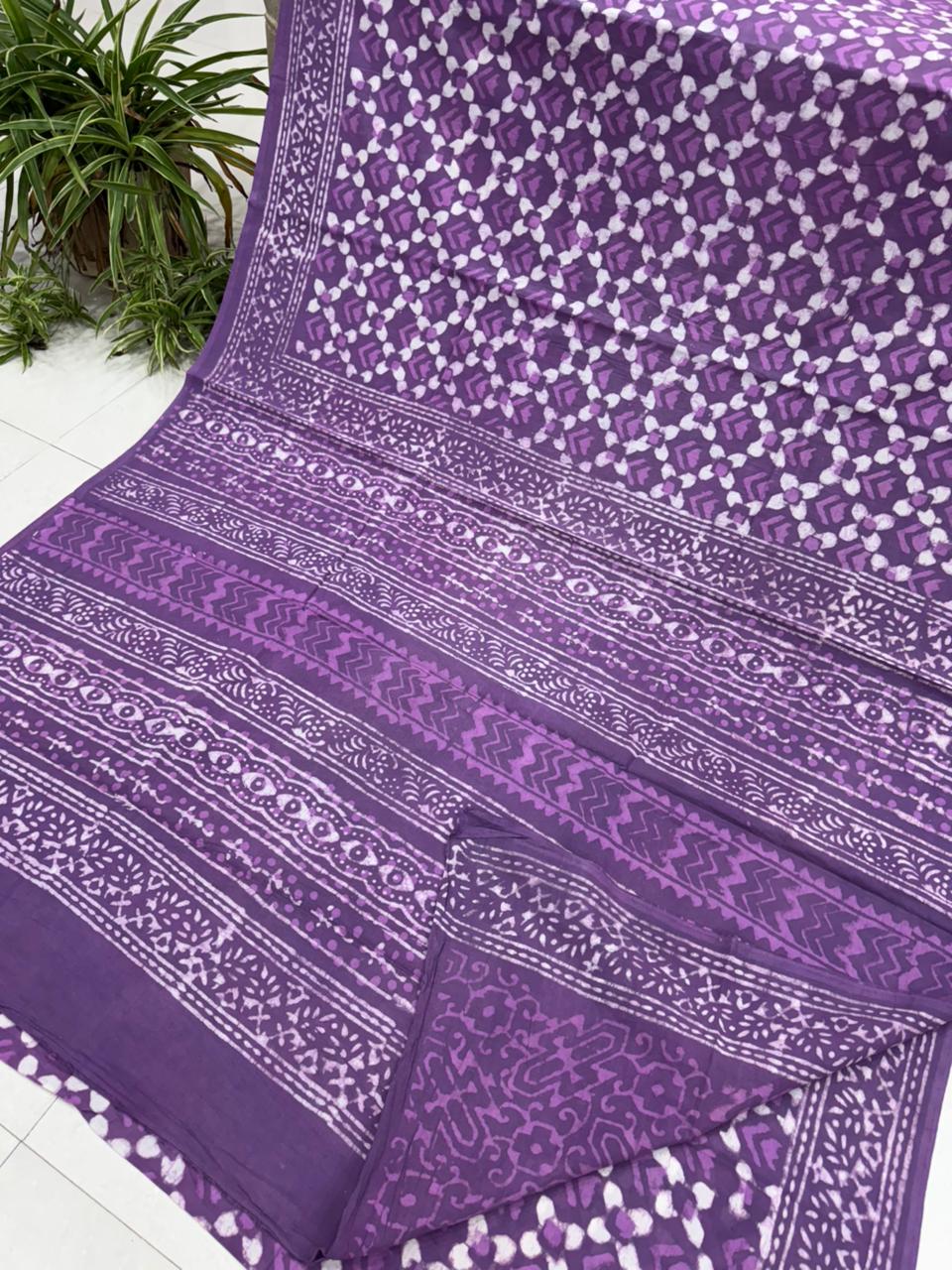 Purple and pink Bagru cotton saree with hand block print, wholesale by Fabtexs