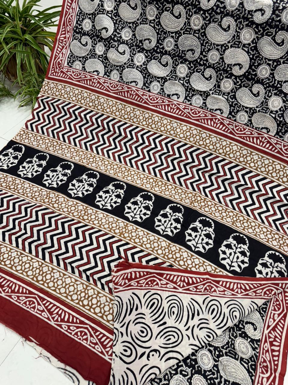 Rust black cream Bagru hand block printed cotton saree, wholesale by Fabtexs