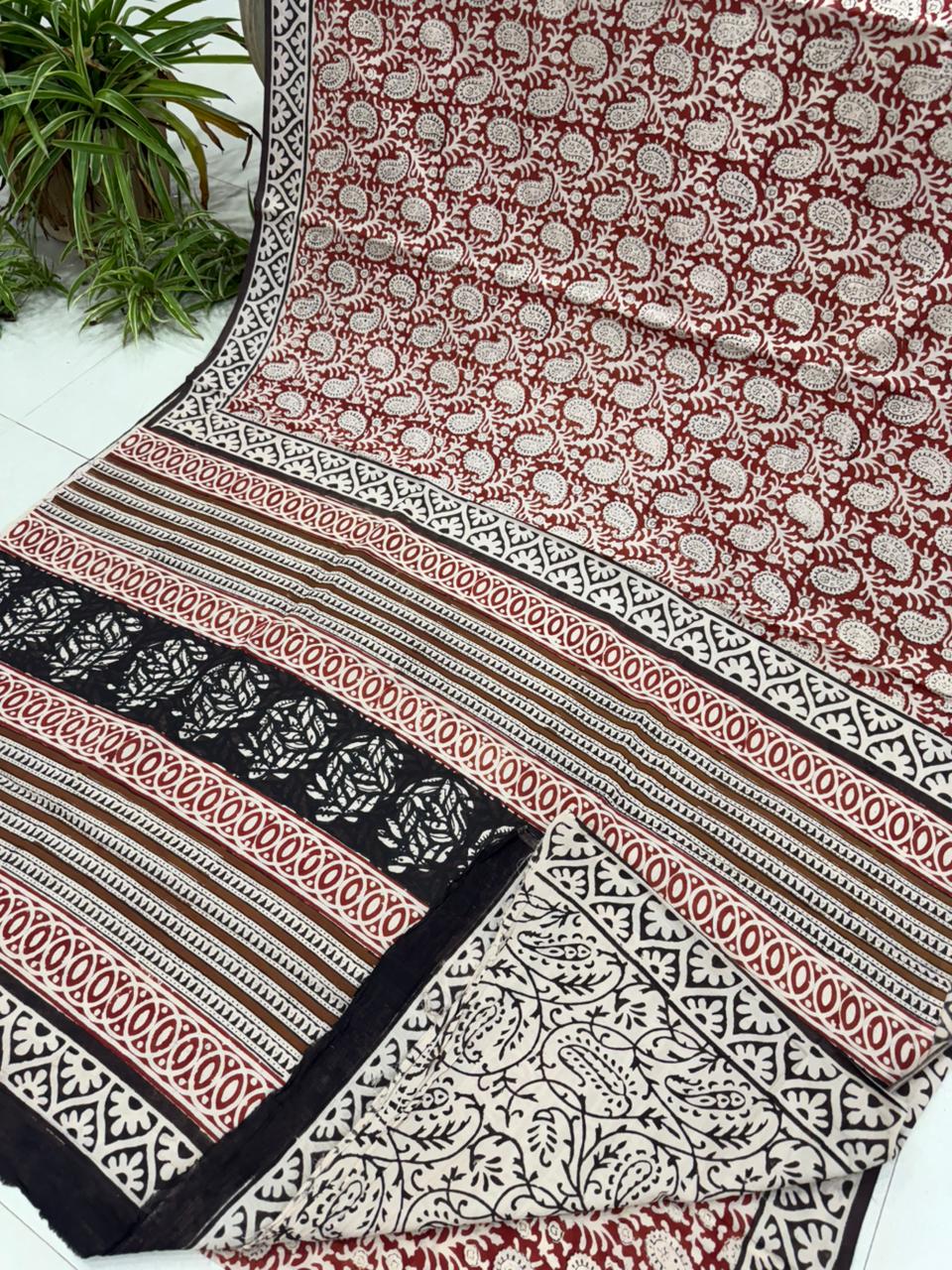 Rust and black Bagru hand block printed cotton saree, wholesale fabric by Fabtexs