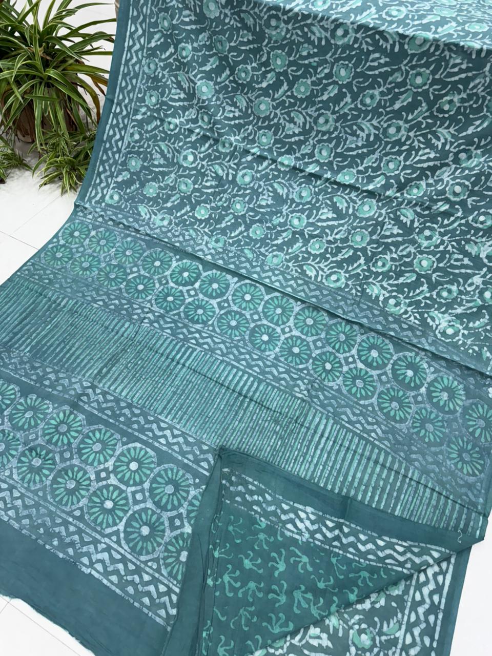 Teal blue Bagru cotton saree with hand block print, wholesale by Fabtexs