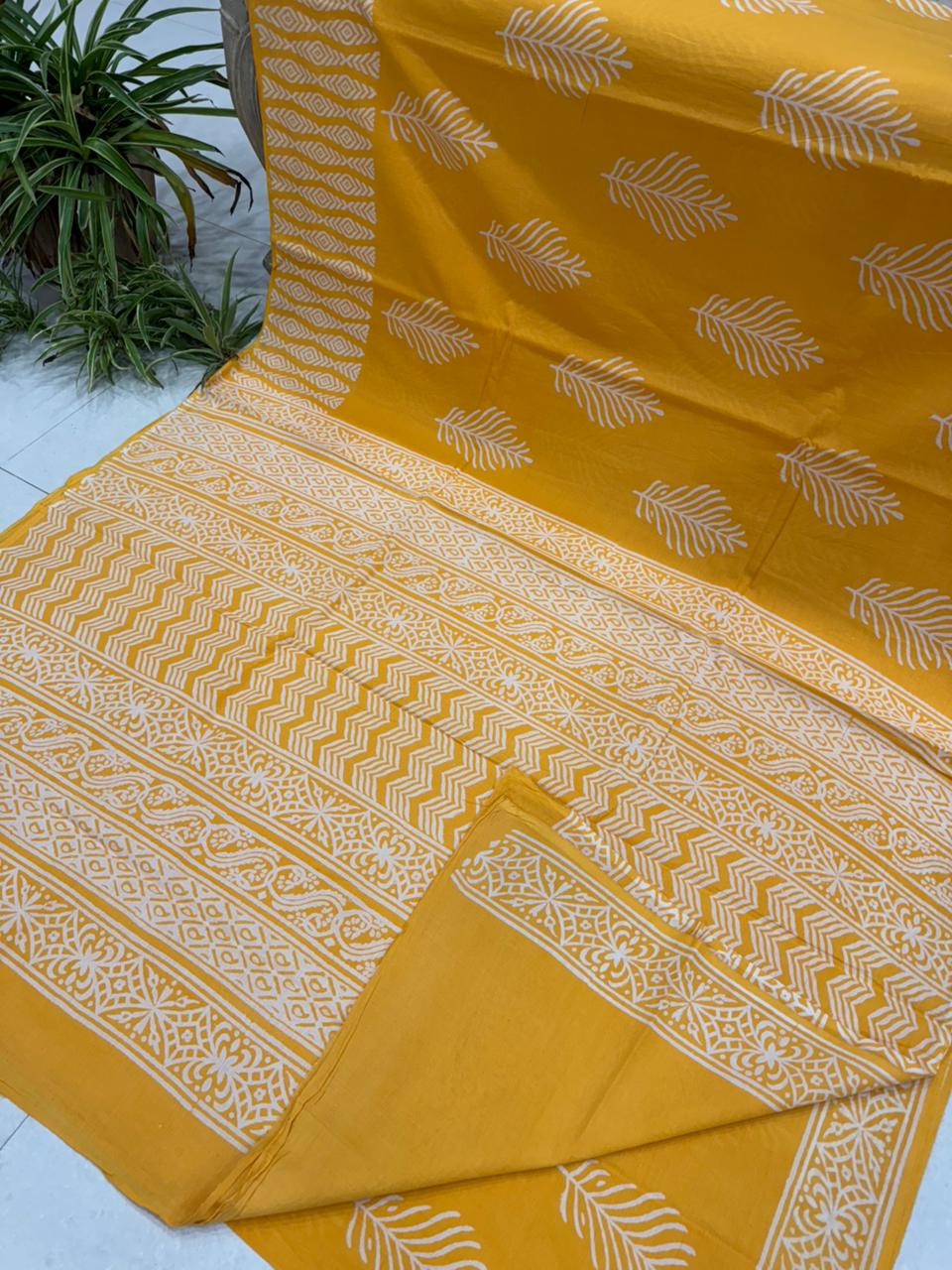 Yellow and white Bagru hand block printed cotton saree, wholesale by Fabtexs