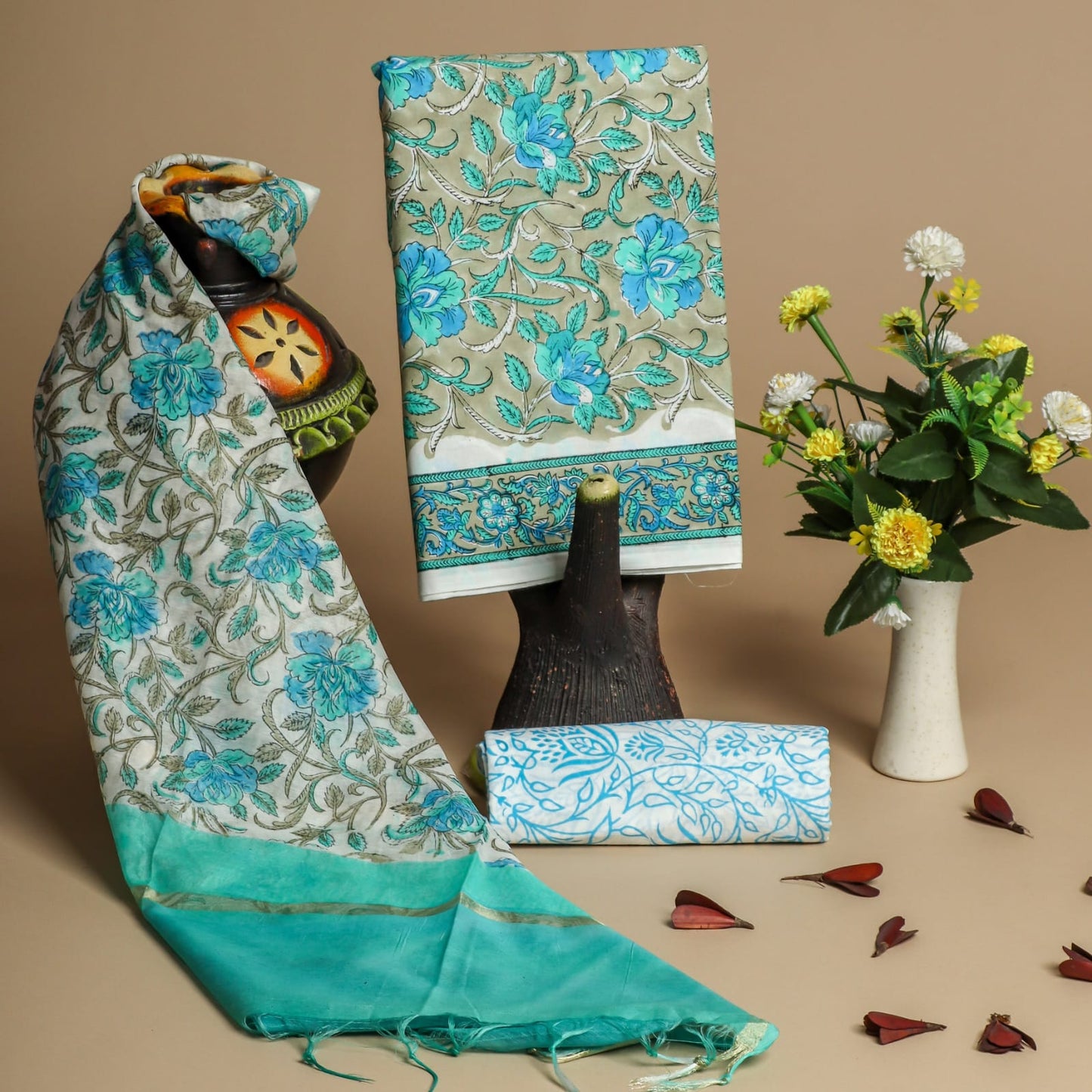 Wholesale 3pc Handblock Printed Cotton Dress Material with Chanderi Dupatta – Blue Motif Design, Artisan-Crafted in Rajasthan for Designers, Boutiques, and Bulk Orders