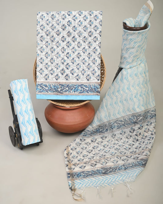 Wholesale 3pc Handblock Printed Cotton Dress Material with Chanderi Dupatta – White Floral Butti Design, Artisan-Crafted in Rajasthan for Designers, Boutiques, and Bulk Orders