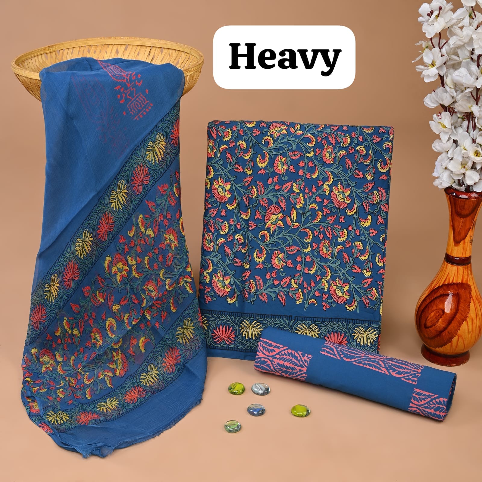 Blue floral cotton dress material with chiffon dupatta wholesale, artisan handblock printed cotton suit material by Fabtexs