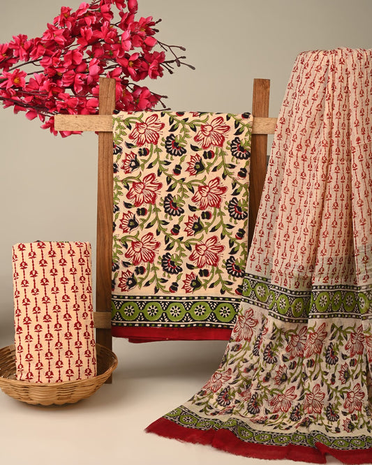 cream red jaal handblock printed cotton dress material with chiffon dupatta wholesale India low MOQ boutique supplier Fabtexs