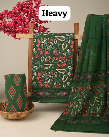 Green floral jaal cotton dress material with chiffon dupatta wholesale, artisan handblock printed cotton suit material by Fabtexs