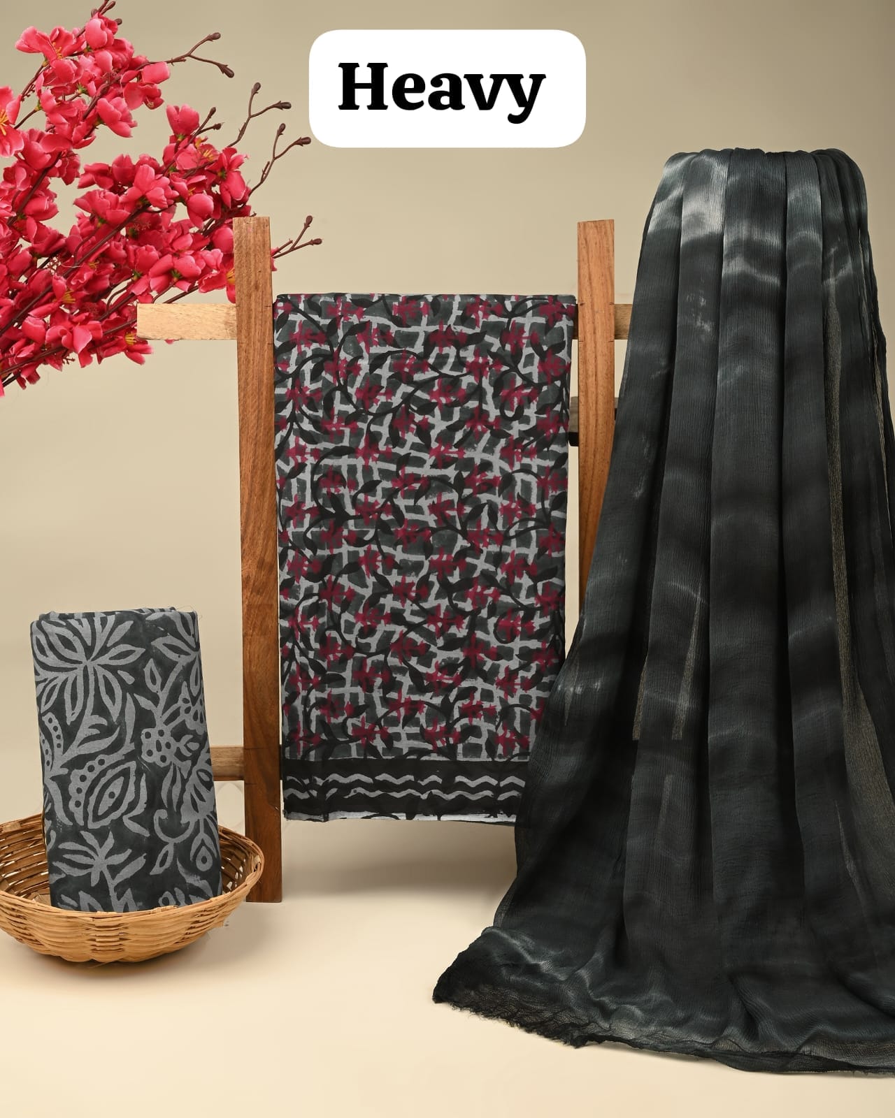 Grey maroon cotton dress material with chiffon dupatta wholesale, handblock printed cotton fabric set for B2B buyers by Fabtexs