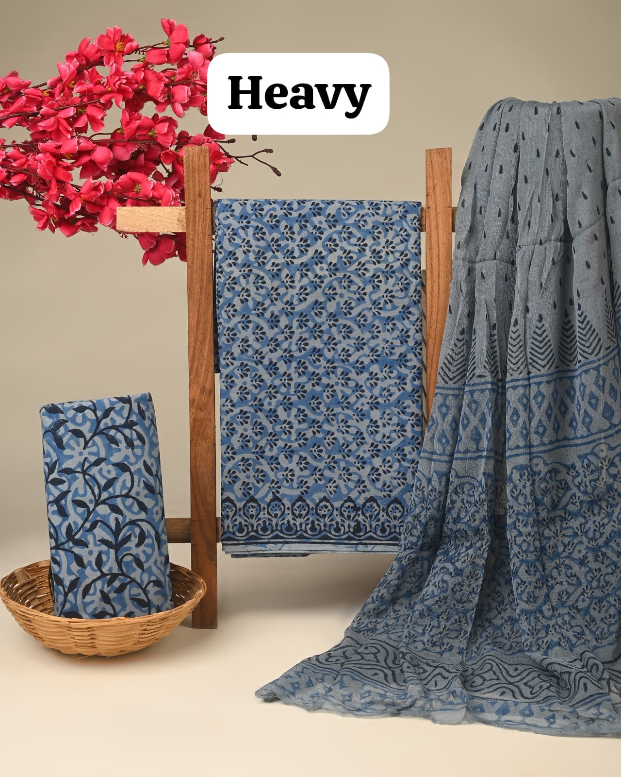 Light grey cotton dress material with chiffon dupatta wholesale, artisan handblock printed cotton suit material by Fabtexs